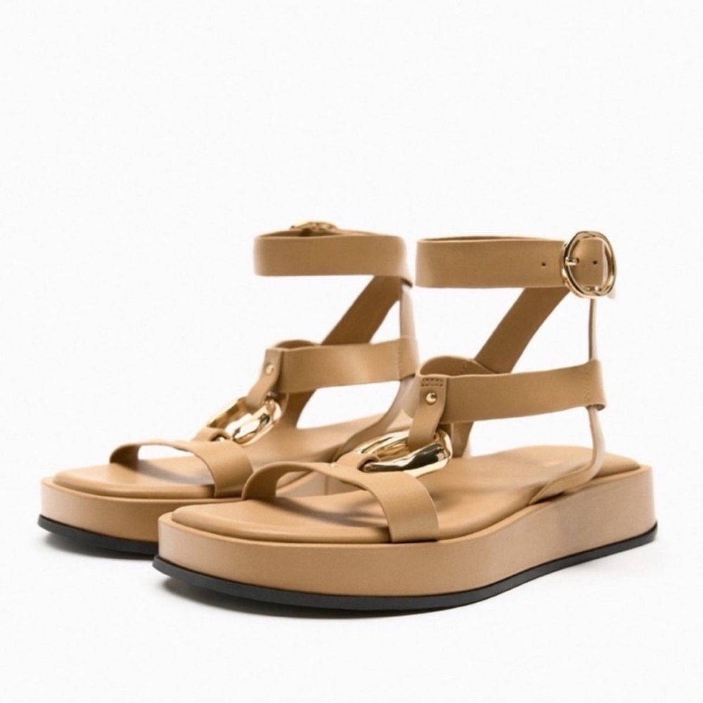 Zara Tan Sandals with Gold Buckle
